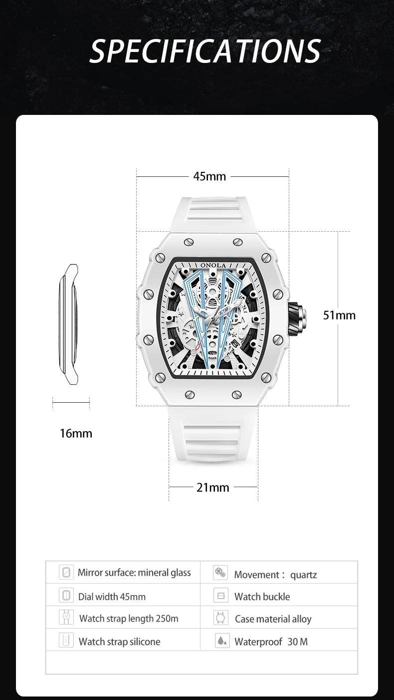 ONOLA Tonneau Mens Watch Fashion White Male Clock Luminous Calendar Water Resistant Silicone Tape Watches for Men Reloj Hombre