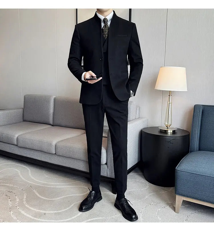Korean Style Men's Suit Set Slim Fit Business Suit Wool Blazer Three Piece Set Elegant Social Formal Men's Clothing 5XL-M