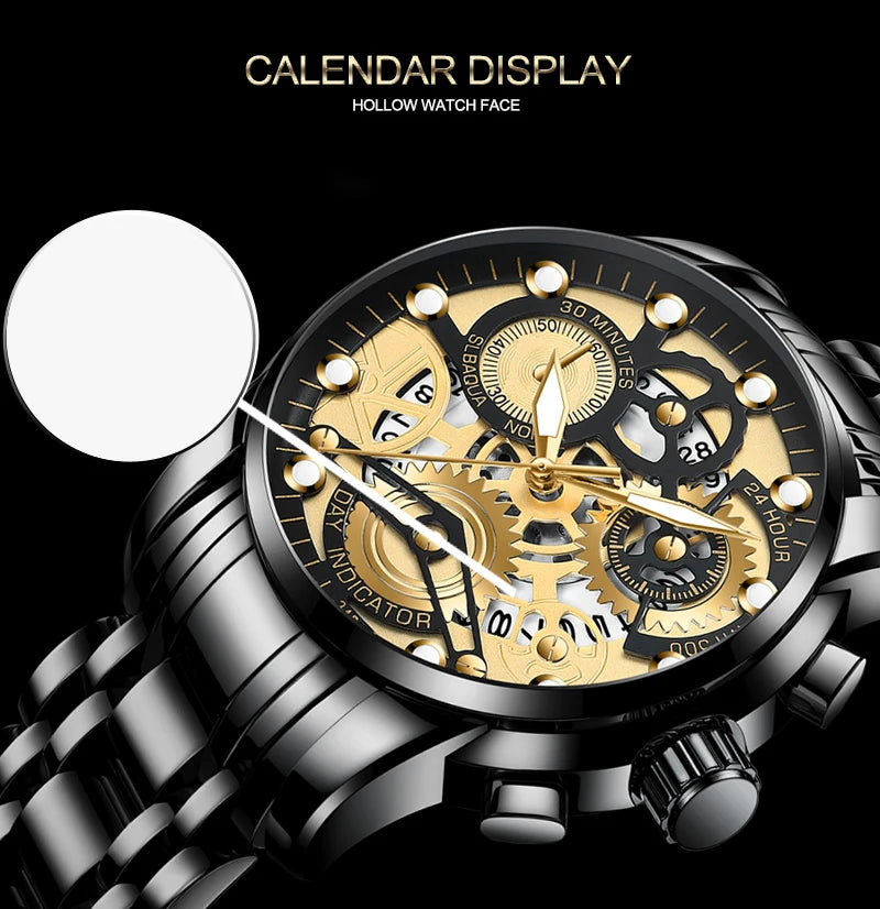 Men's Business Watch Skeleton Design Fashion Mechanical Style Stainless Steel Quartz Movement Calendar Waterproof Men WristWatch