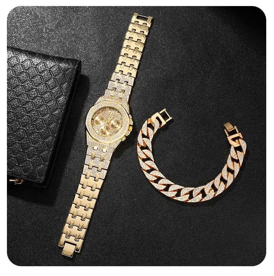 Luxury Men Watch Stainless Stee Band Golden Watches for Men Fashion Hip Hop Watch Diamond Big Dial Business Quartz Wristwatches