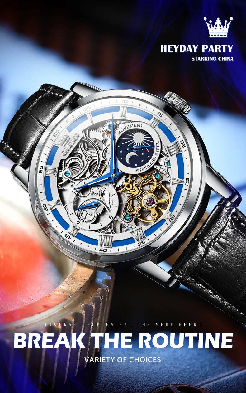 OLEVS Mens Watches Top Brand Luxury Moon Phase Tourbillon Mechanical Watch for Men Automatic Skeleton Watch Relogio Masculino