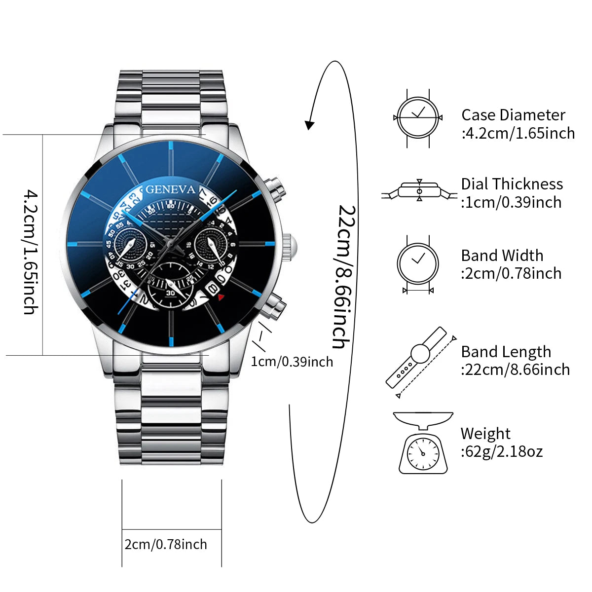 2PCS Men Business Watch Fashion Big Dial Steel Band Calendar Watches Sports Quartz Wristwatch Relogio Masculino(Without Box)