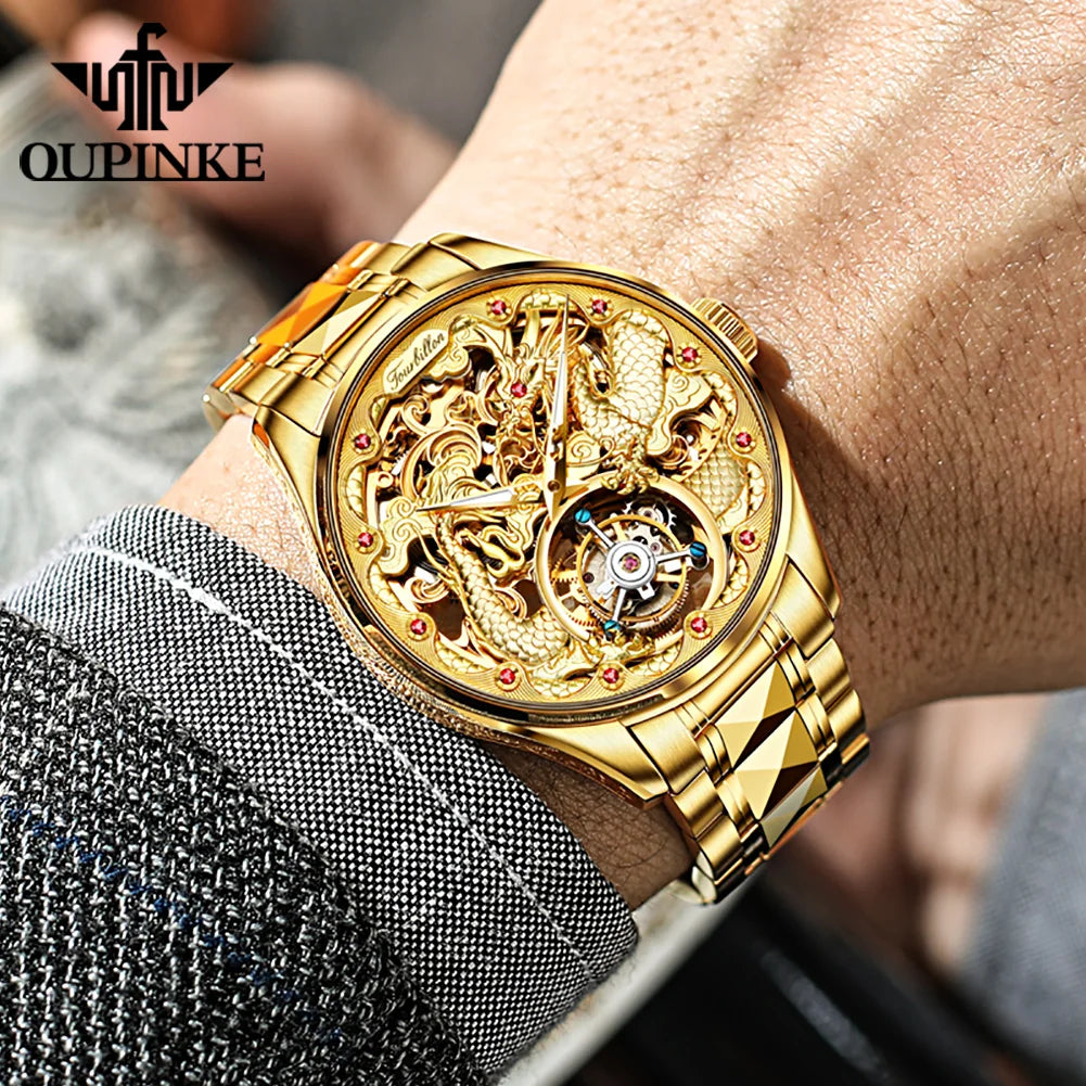 OUPINKE 3176 Luxury High end Fully Automatic Mechanical Tourbillon Watch Full Golden Dragon Dial Watch Sapphire Mirror Men Watch