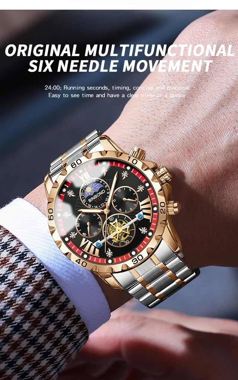 BINBOND Men's Watches Young Fashion Original Quartz Watch for Man Waterproof Luminous Flywheel Chronograph Moon Phase Casual
