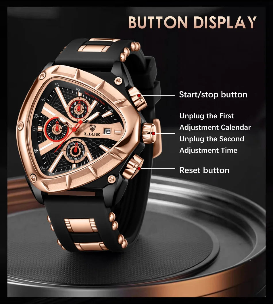 LIGE Fashion Men Watch Triangle Chronograph Military Wristwatch Sport Army Mens Watches Luxury Waterproof Quartz Clock Man Reloj