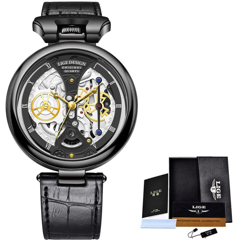 2023 LIGE Men Watches Top Brand Luxury Brown Leather Chronograph Sport Watch For Men Fashion Date Waterproof Clock Reloj Hombre
