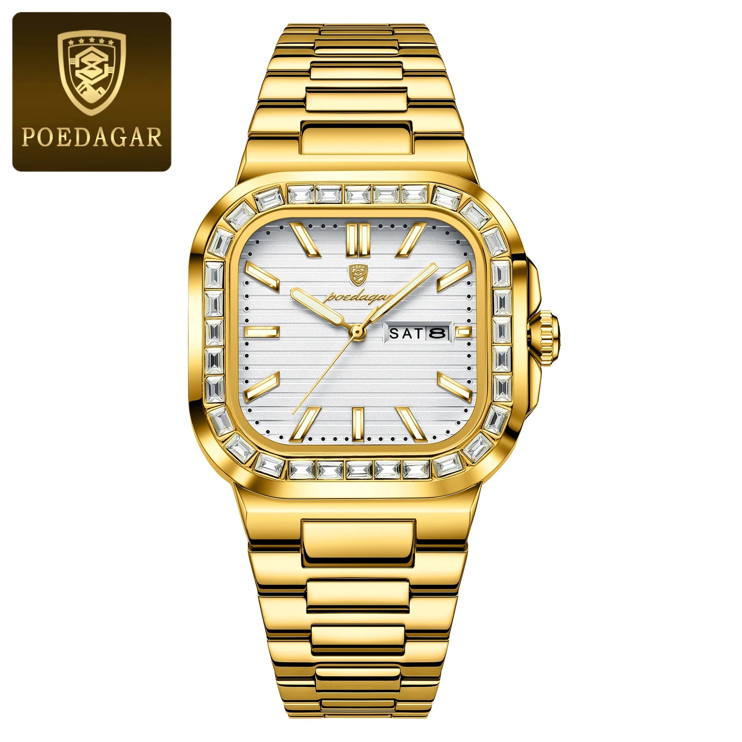 POEDAGAR Top Brand Luxury Watch for Men Waterproof Luminous Date Week Man Wristwatch Stainless Steel Square Quartz Men's Watches