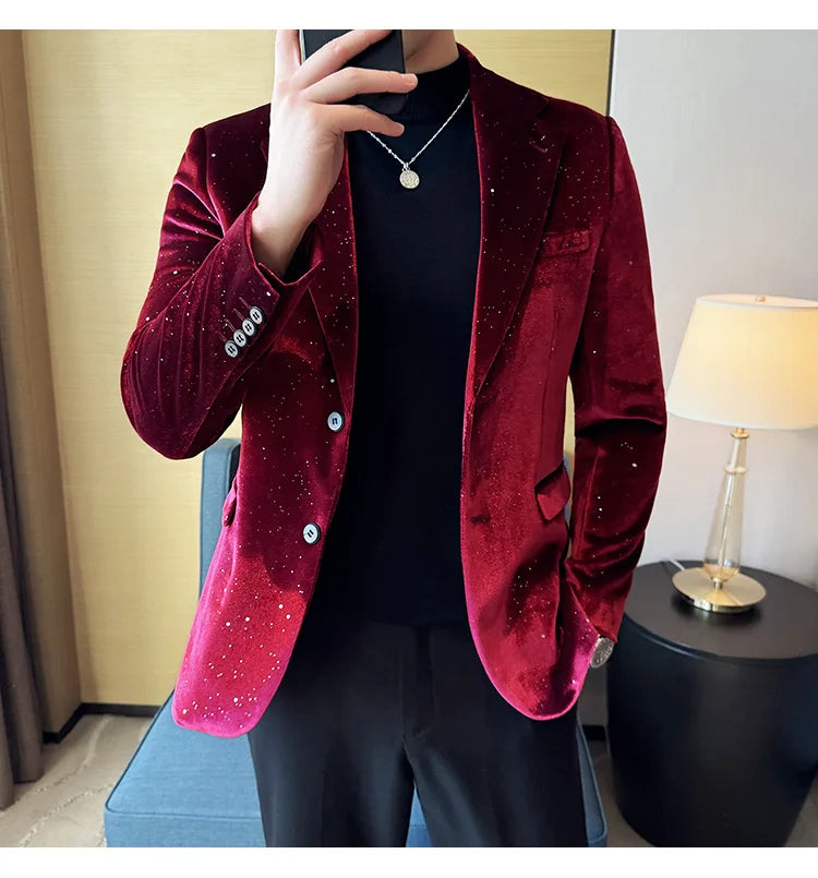 2024 Autumn New Velvet Jacket Men's Blazer Business Fashion Hot Stamping Printed Suit Jacket High-quality Luxury Dress Suit