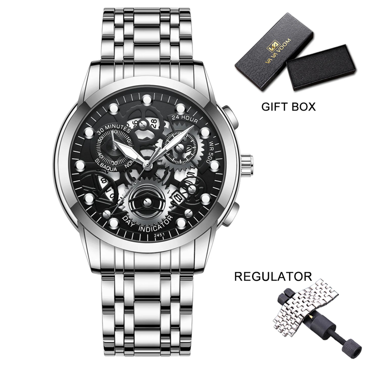 Men's Business Watch Skeleton Design Fashion Mechanical Style Stainless Steel Quartz Movement Calendar Waterproof Men WristWatch
