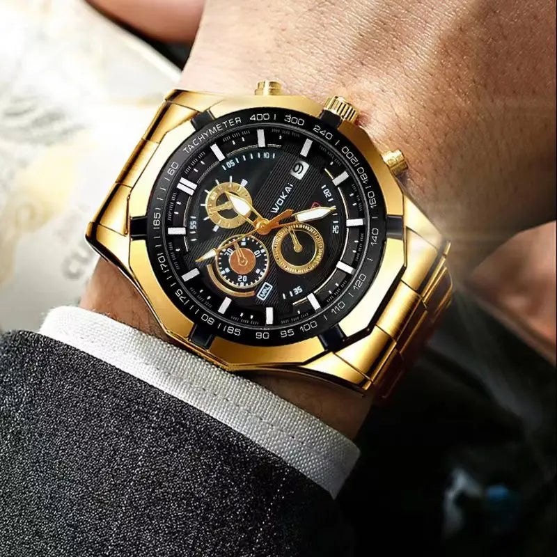 WOKAI Fashion Business Multi-functional steel band Quartz Men's luxury Tungsten steel Watch Boys Girls Student Retro clock