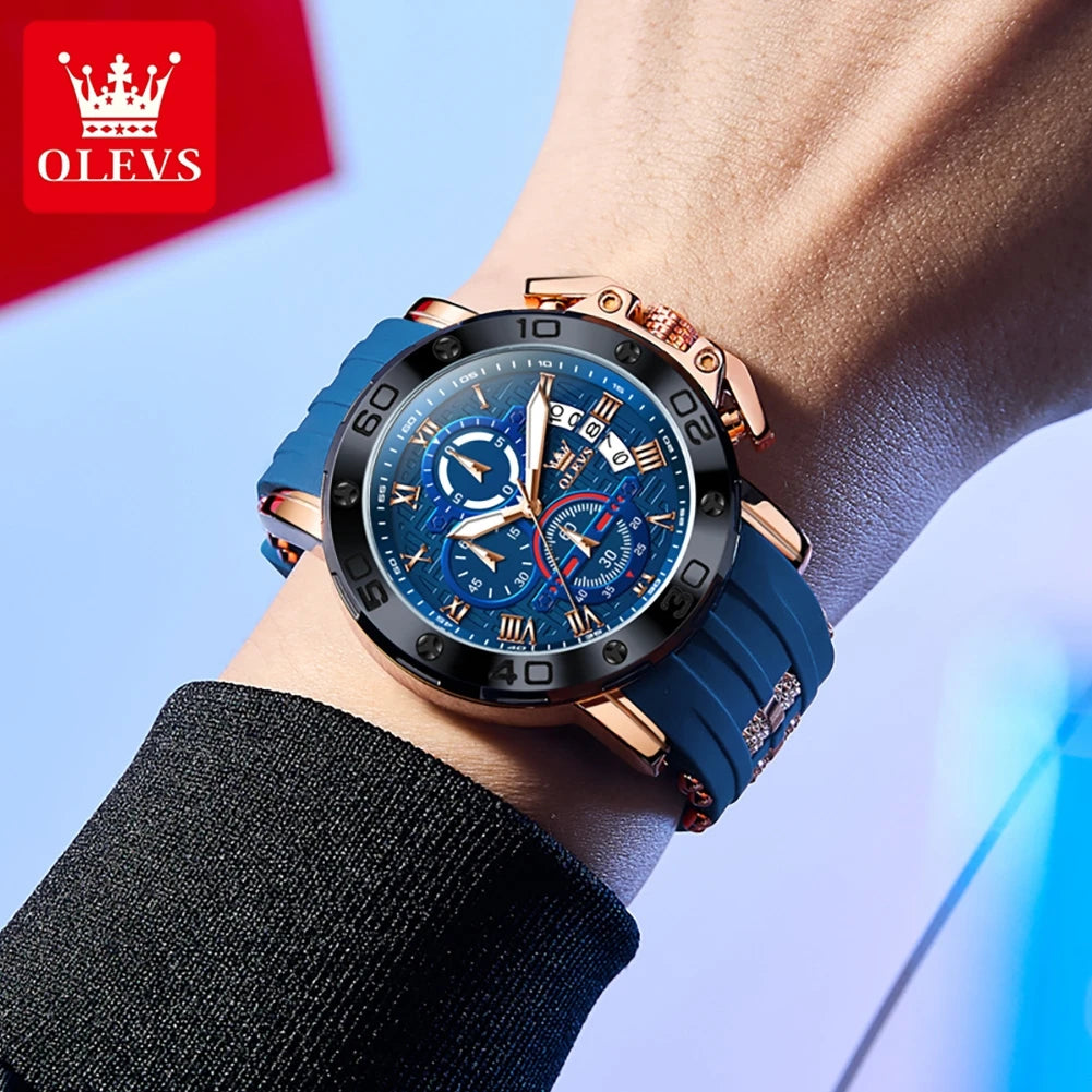 OLEVS 9986 Men Watch Silicone Strap Sports Multi functional Waterproof Luminous Timing Code Watch Luxury Brand Men Quartz Watch