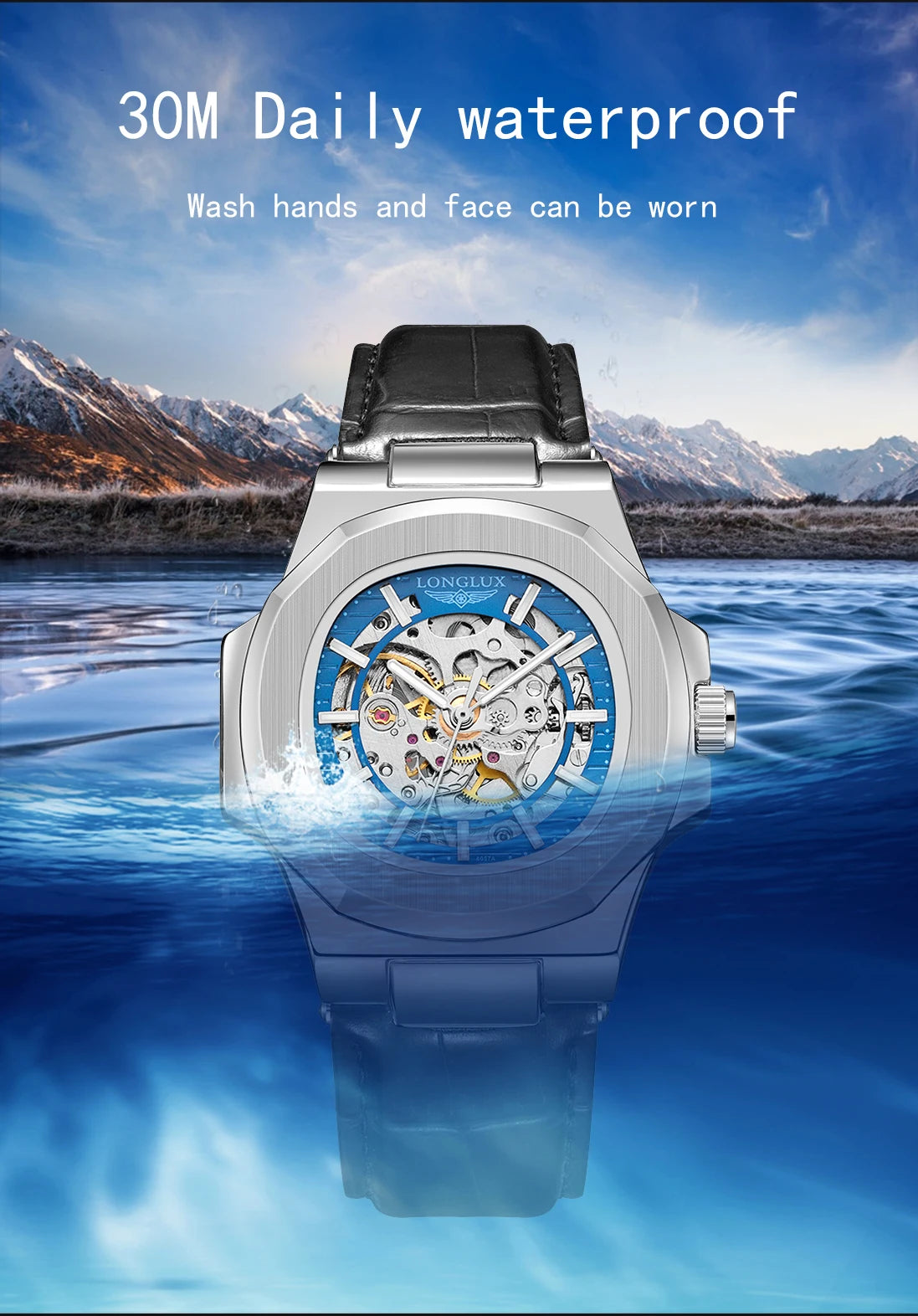 LONGLUX automatic man watch sport style wholesale mechanical wristwatches fashion hollow leather man watch men gift