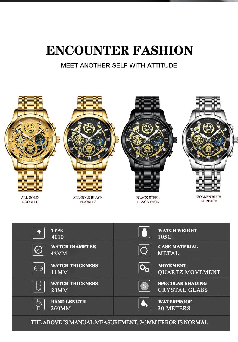 BINBOND B4010 Fashion Casual Quartz Men Watch Luxury Stainless Steel Strap Dial 30M Waterproof Luminous Business Men Wristwatch