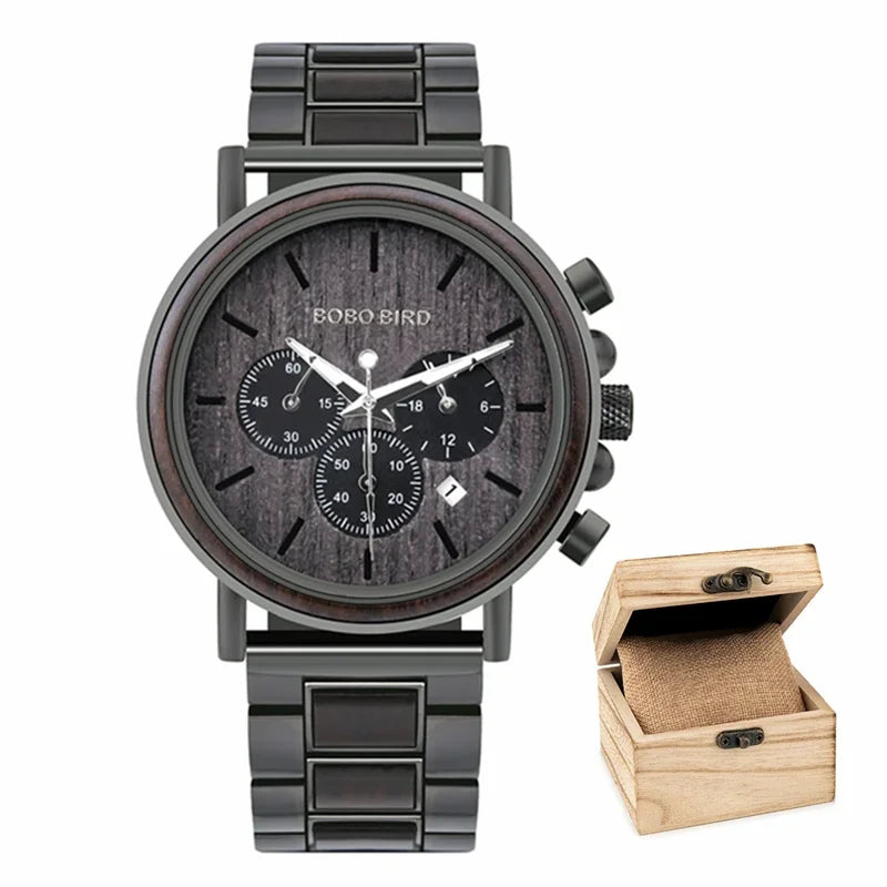 BOBO BIRD Men's Watch 3 Sub Dials Wooden Wrist Watch for Men Casual Quartz Watches Customized Dropshipping