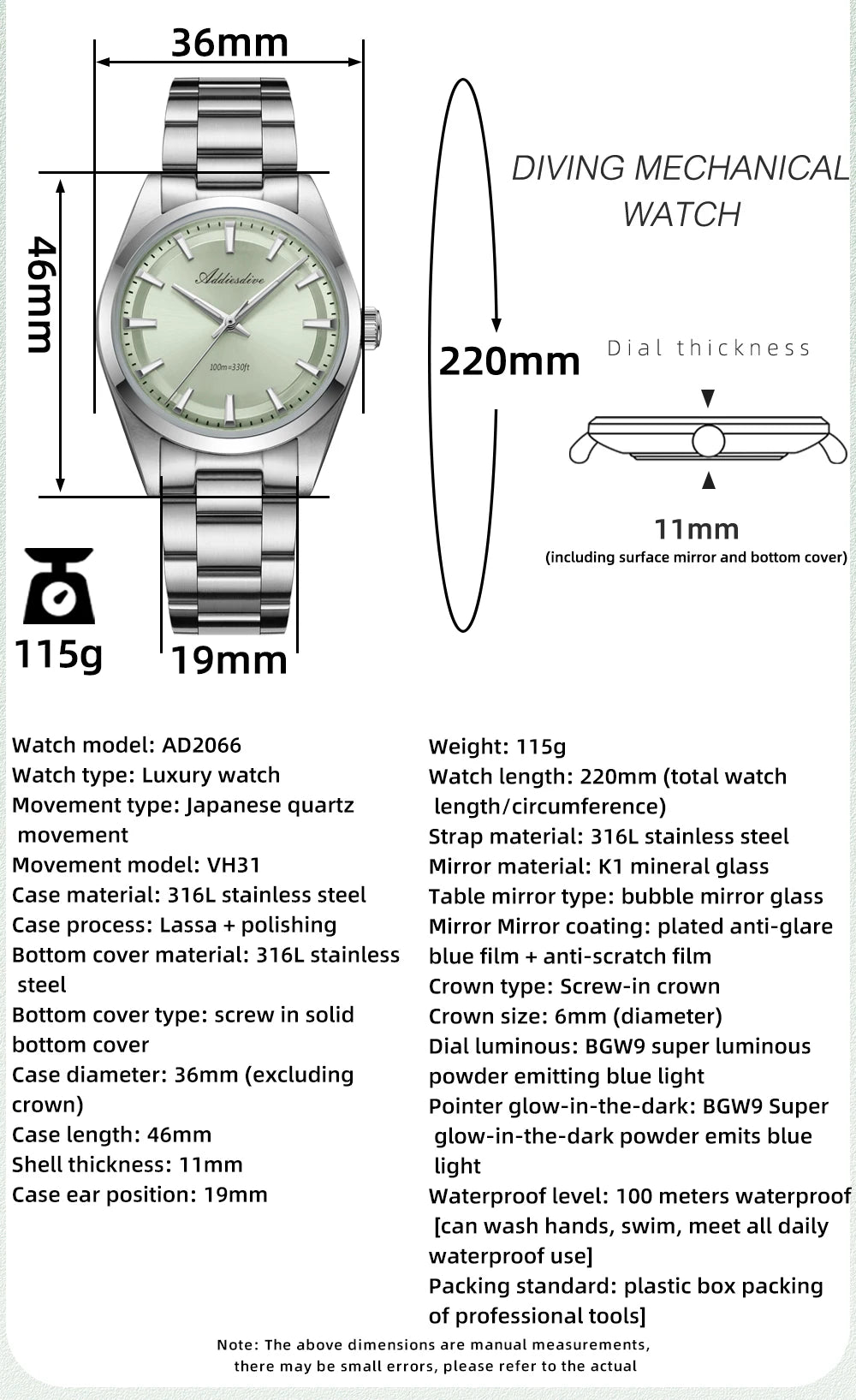 ADDIESDIVE 36mm AD2066 Men Watch BGW9 Luminou Bubble Mirror Glass 316L Stainless Steel Reloj Hombre 100m Waterproof Quartz Watch