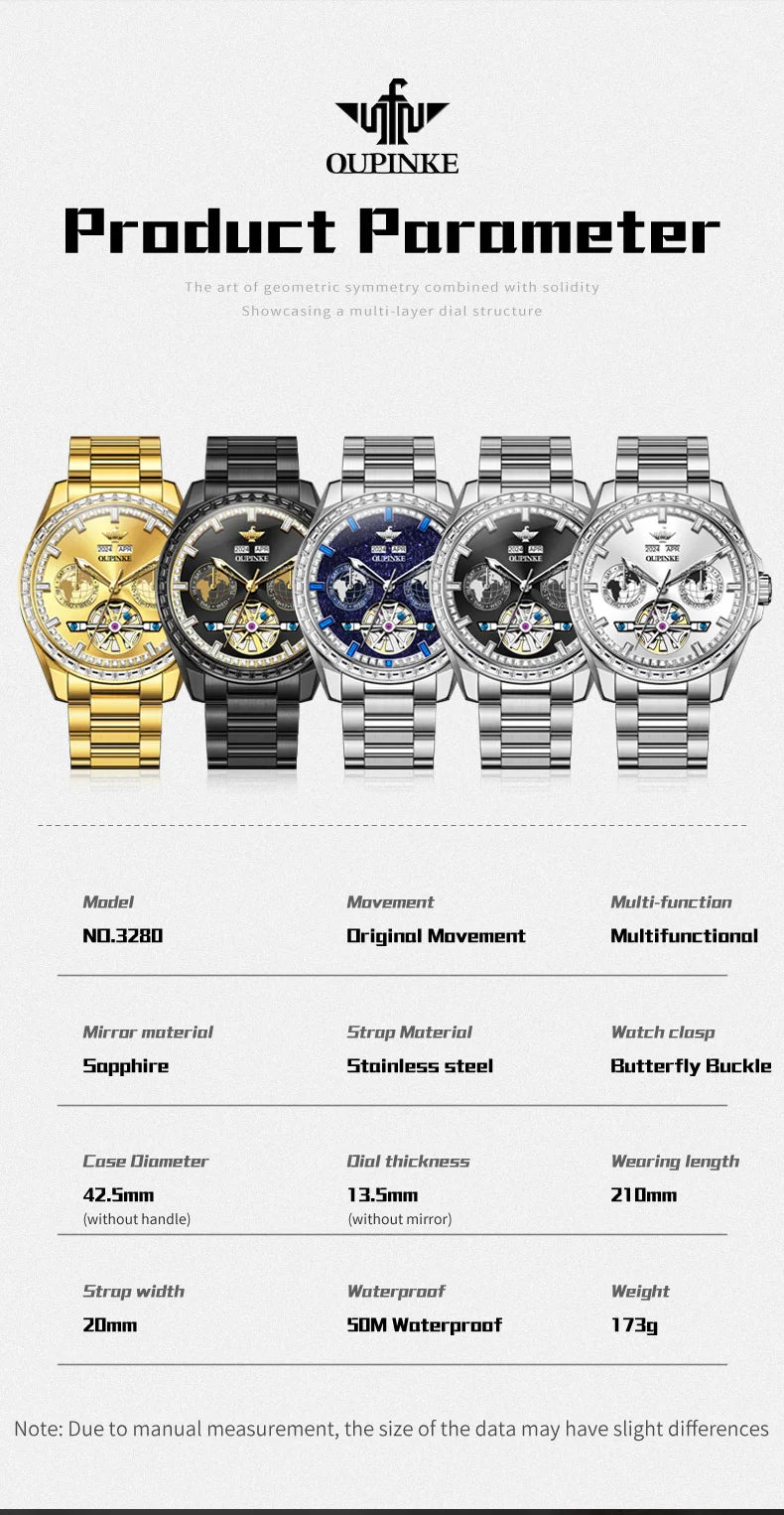 OUPINKE 3280 Mechanical Watch for Men Luxury Full Diamond Flywheel Skeleton Gold Stainless steel Date Automatic Men's Watch
