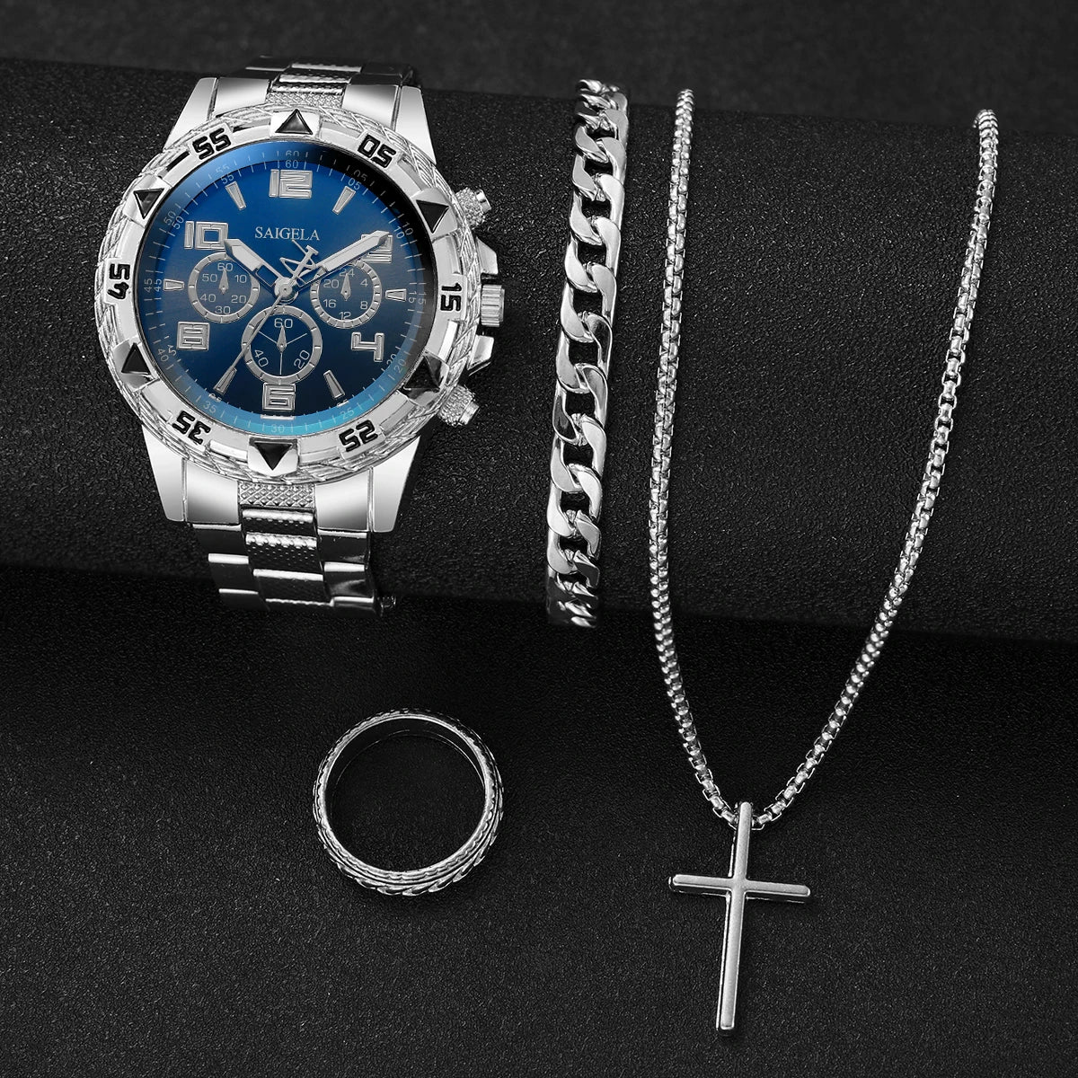 4pcs/set Men's Watches Fashion Arabic Dial Quartz Watch Male's Silver Band Wristwatches Jewelry Set (Without Box)