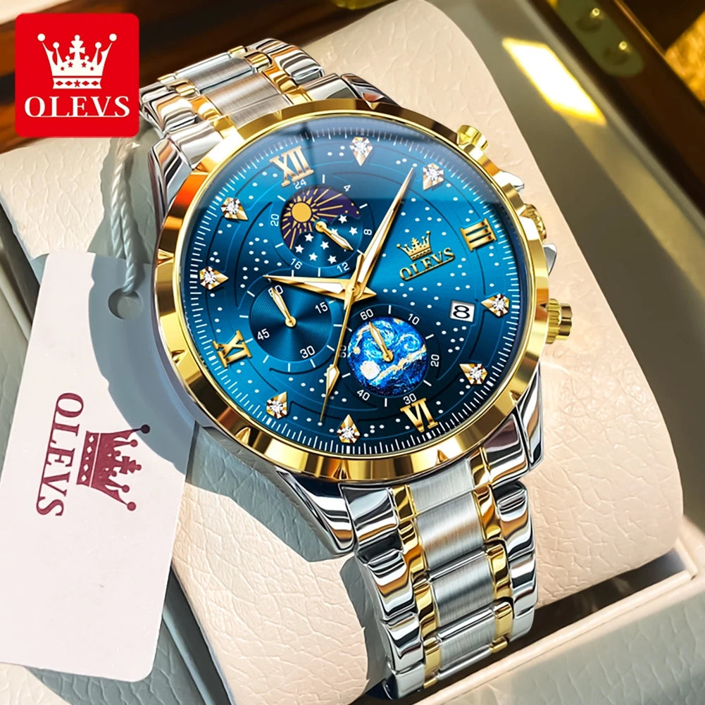 OLEVS 9807 New Man Watch Starry Sky Moon Phase Chronograph Waterproof Luminous Auto Date Hand Clock Luxury Quartz Watch for Men