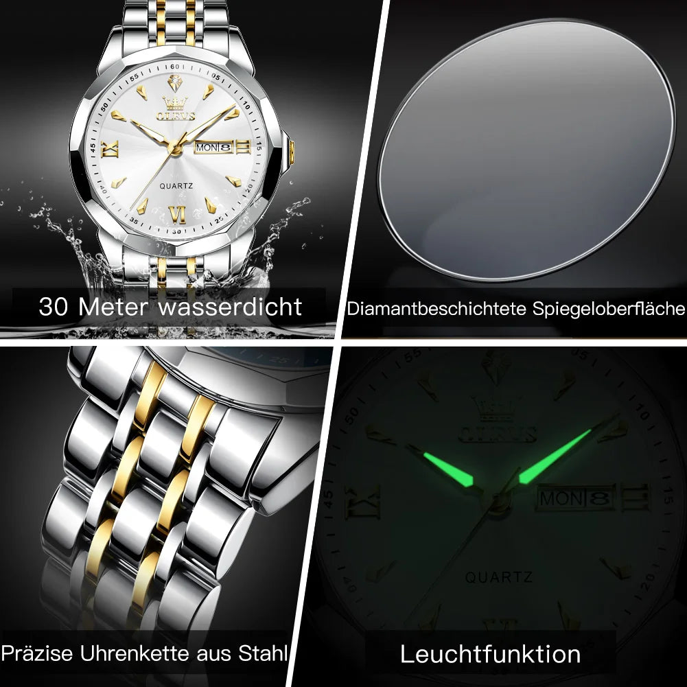 OLEVS 9998 Mens Watch Original Rhombus Mirror Quartz Mature Man Watch Waterproof Luminous Dual Calendar Display Watch For Man