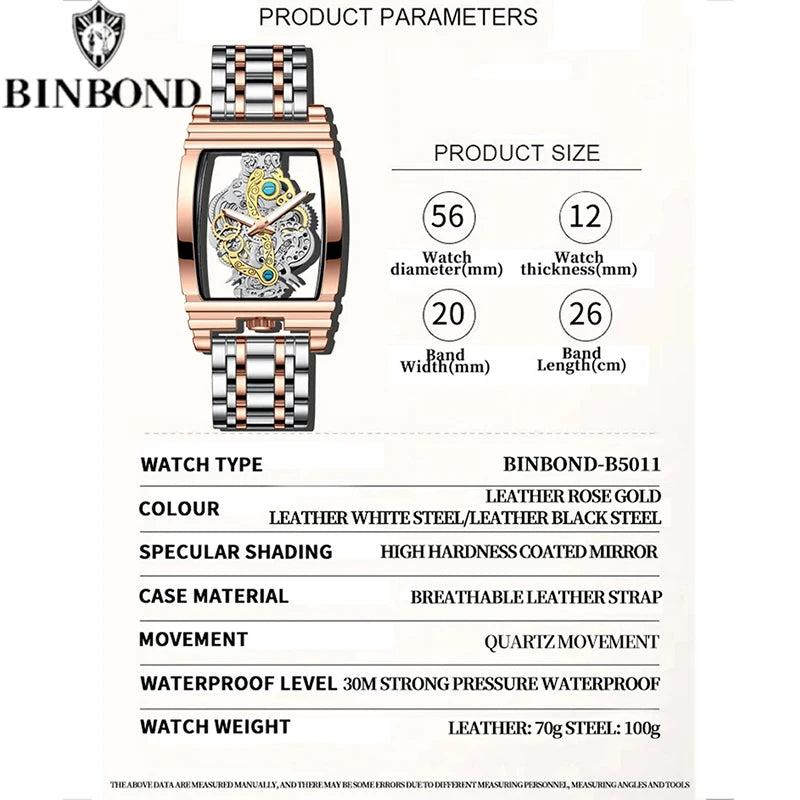 BINBOND Men Watch Sports Quartz Watches Men Waterproof Luminous Pointer Wristwatch Skeleton Hollow Clock Man Relogio Masculino