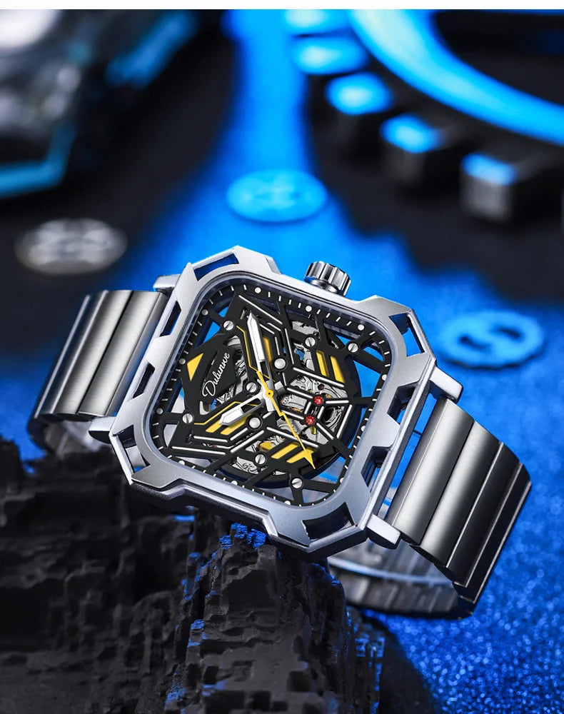 Square Skeleton Dial Mens Watches Top Brand Luxury Luminous Sports Automatic Mechanical Watch Waterproof Steel Reloj Hombre