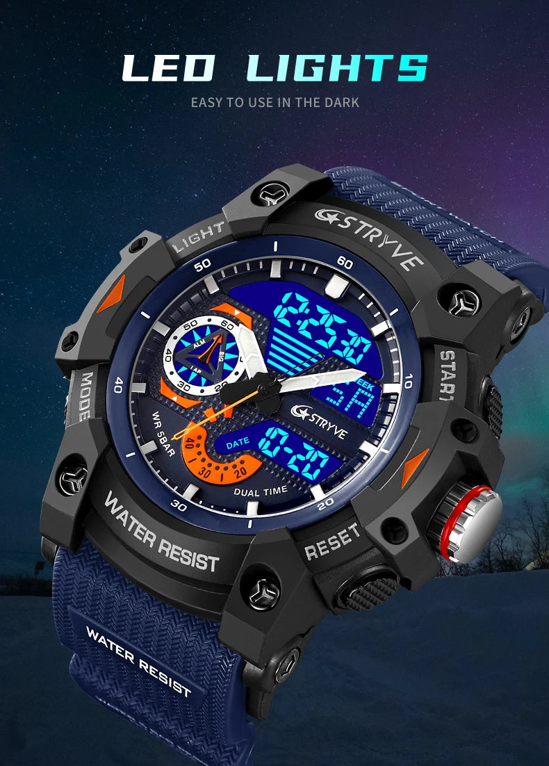 STRYVE Electronic Fashion Men's Sport Watches Shock Resistant 50M Waterproof Wristwatch LED Alarm Stopwatch Clock Men 8029