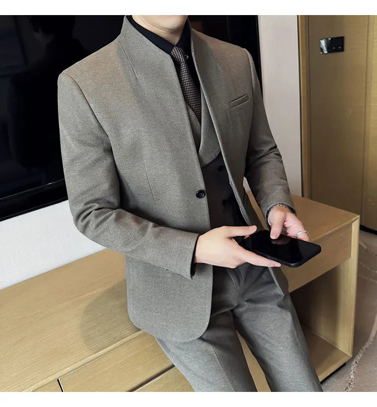 Korean Style Men's Suit Set Slim Fit Business Suit Wool Blazer Three Piece Set Elegant Social Formal Men's Clothing 5XL-M