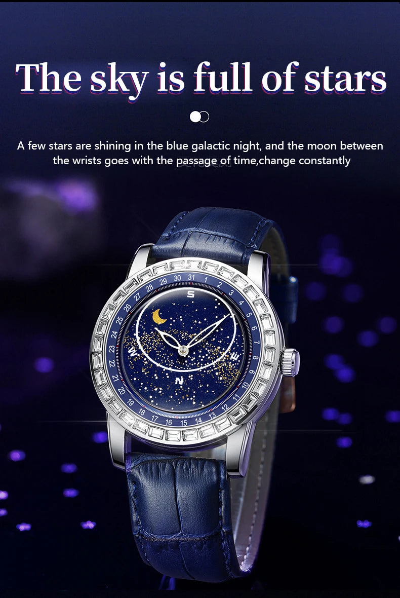 BINBOND Brand Rotating All Over The Sky Empty Diamond Men Watches Fashion Business Sun Moon Stars Waterproof Luminous Men Watch