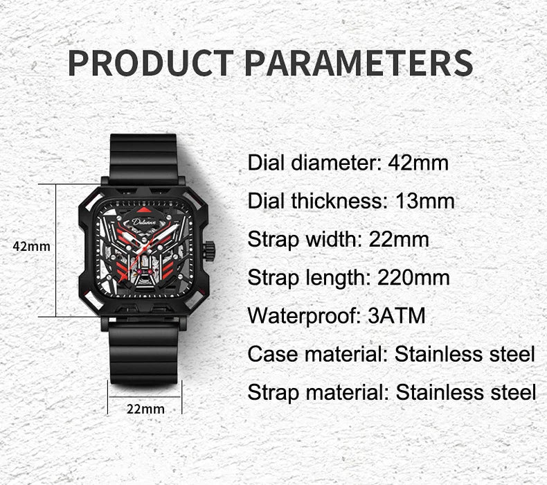 Square Skeleton Dial Mens Watches Top Brand Luxury Luminous Sports Automatic Mechanical Watch Waterproof Steel Reloj Hombre