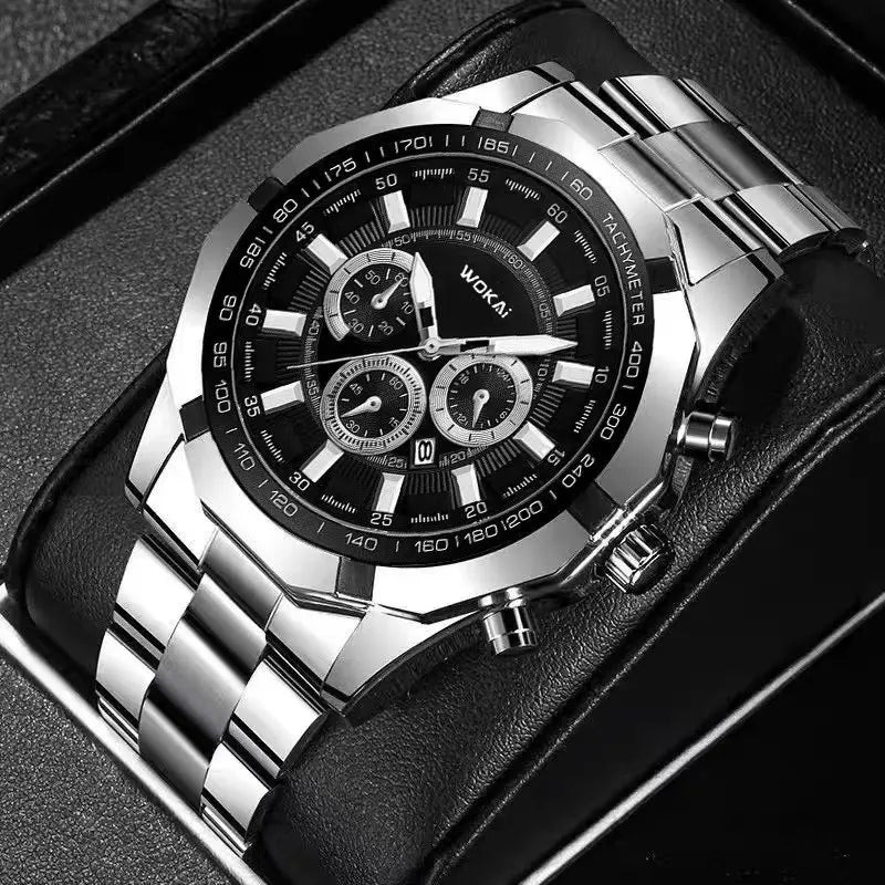 WOKAI Fashion Business Multi-functional steel band Quartz Men's luxury Tungsten steel Watch Boys Girls Student Retro clock
