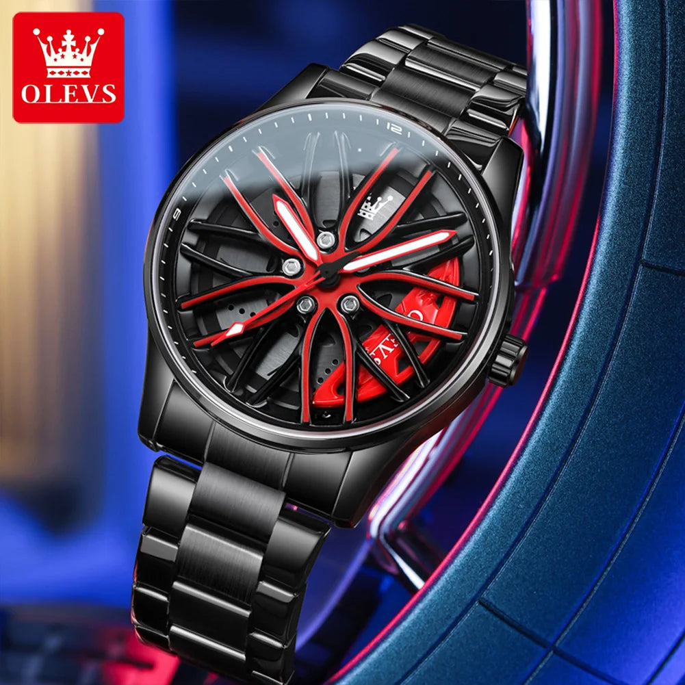 OLEVS Men Quartz Watch Car Wheel Rim Hub Dial Male Wristwatch Cool Man Black Red Waterproof Watches Full Steel Relogio Masculino