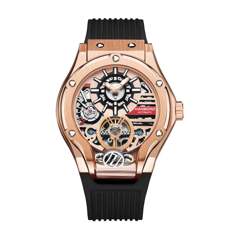HANBORO Car Design Mechanic Watch Luxury Men Watches Mechanical Wristwatches Earth Skeleton Flywheel Watch Orologio Uomo