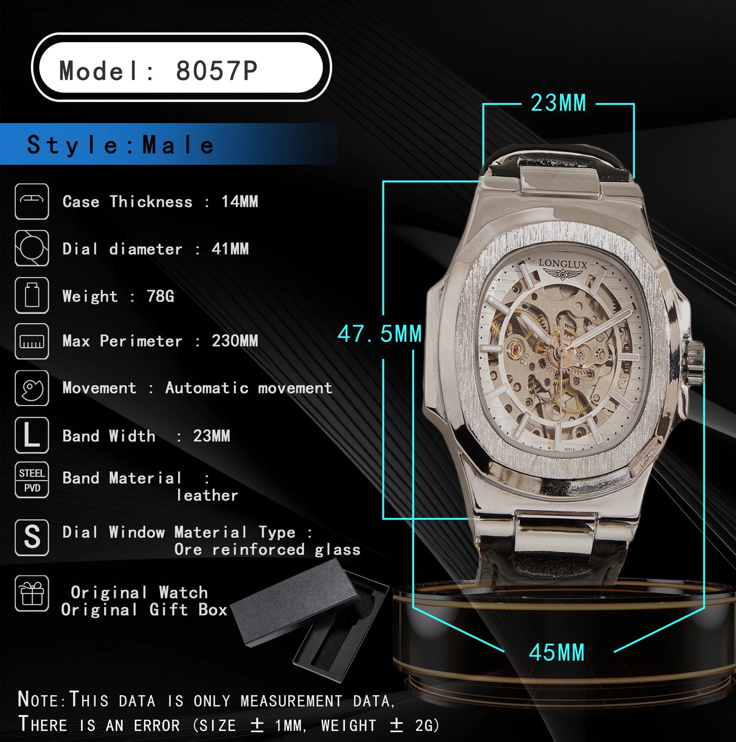 LONGLUX automatic man watch sport style wholesale mechanical wristwatches fashion hollow leather man watch men gift