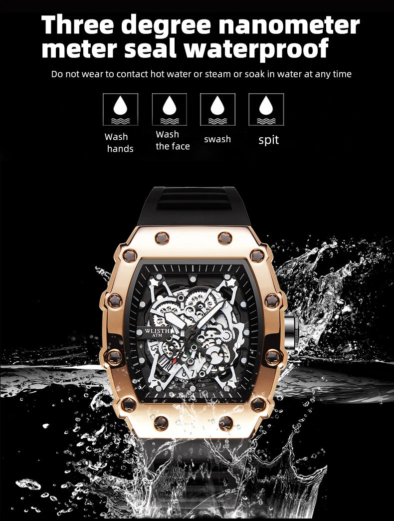 Brand Men's Watch Fashion Automatic Movement Barrel Luminous Waterproof Clock Sports Male's Silicone Strap Quartz Wristwatch New