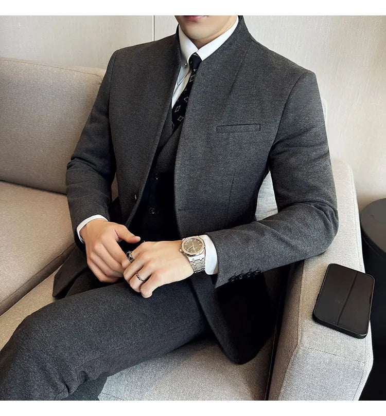 Korean Style Men's Suit Set Slim Fit Business Suit Wool Blazer Three Piece Set Elegant Social Formal Men's Clothing 5XL-M