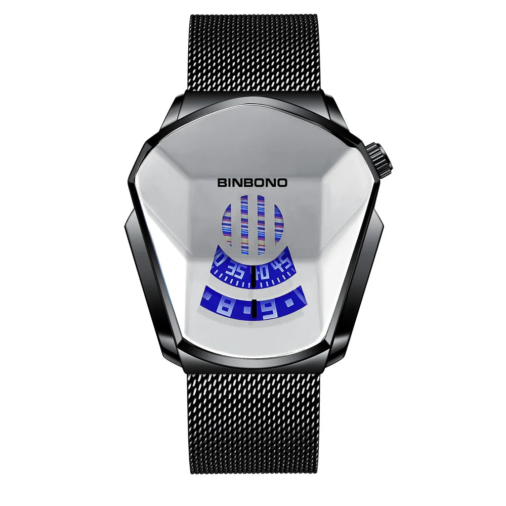 BINBOND Men Popular Fashion Motorcycle Concept Quartz Watch Luminous Steel Band Mesh Watch Touch Screen black technology watch