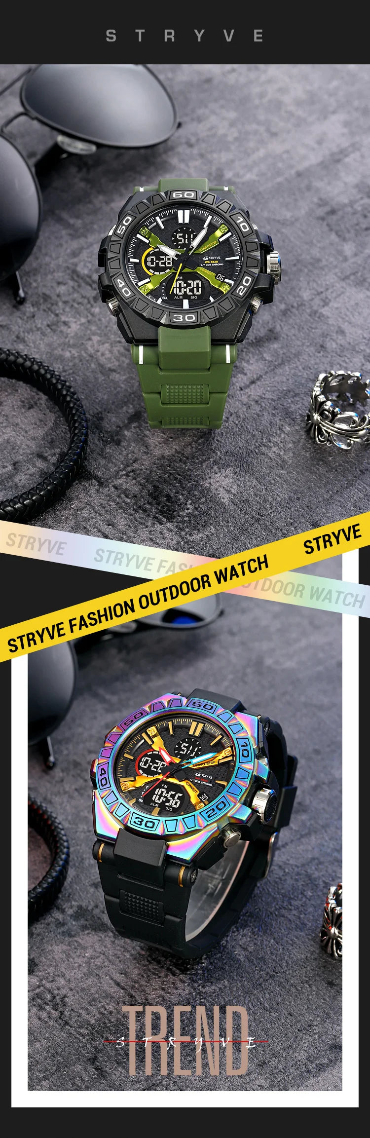 STRYVE Men's Watches 50M Waterproof Clock Alarm Reloj Hombre 8026 Dual Display Wristwatch Quartz Digital Clock Men
