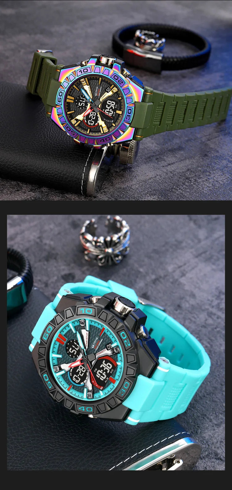 STRYVE Men's Watches 50M Waterproof Clock Alarm Reloj Hombre 8026 Dual Display Wristwatch Quartz Digital Clock Men