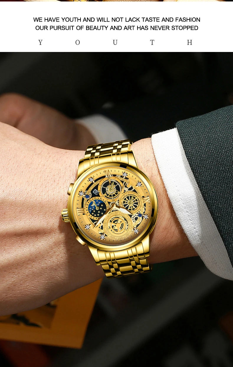 BINBOND B4010 Fashion Casual Quartz Men Watch Luxury Stainless Steel Strap Dial 30M Waterproof Luminous Business Men Wristwatch