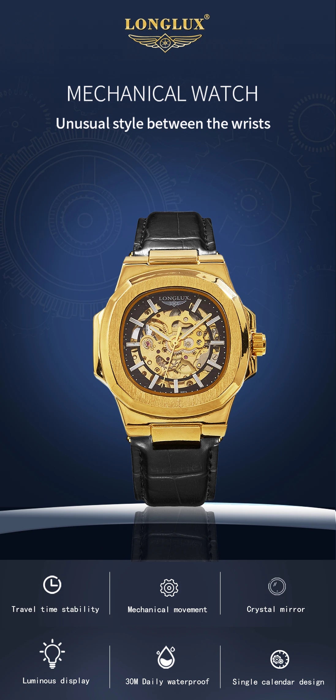 LONGLUX automatic man watch sport style wholesale mechanical wristwatches fashion hollow leather man watch men gift