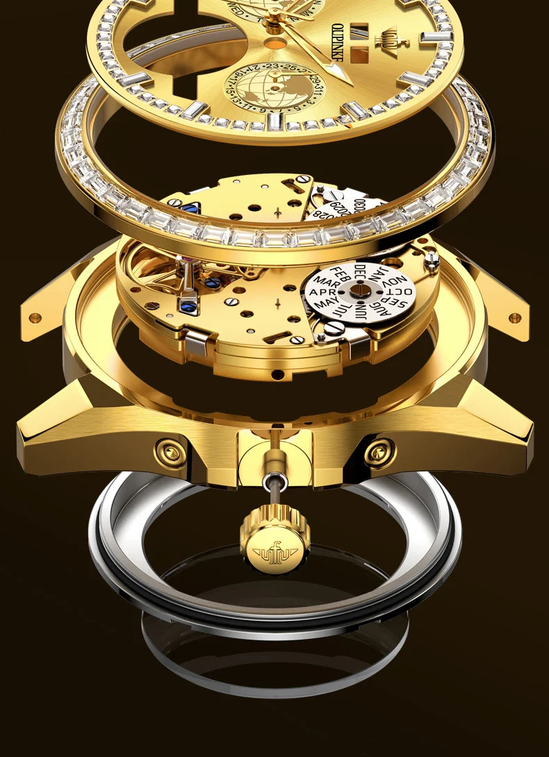 OUPINKE 3280 Mechanical Watch for Men Luxury Full Diamond Flywheel Skeleton Gold Stainless steel Date Automatic Men's Watch