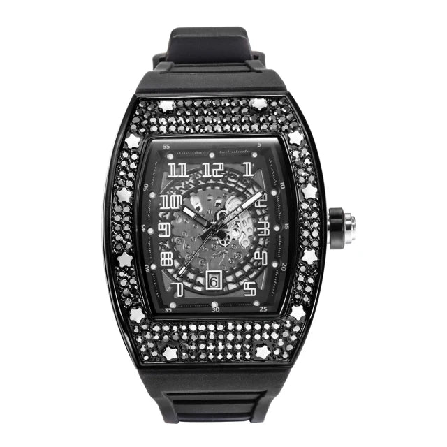 MISSFOX New Men Wrist Watches Tonneau Rubber Strap Waterproof Male Quartz Watch Unique Classic Gold Hollow Men's Clocks Gifts