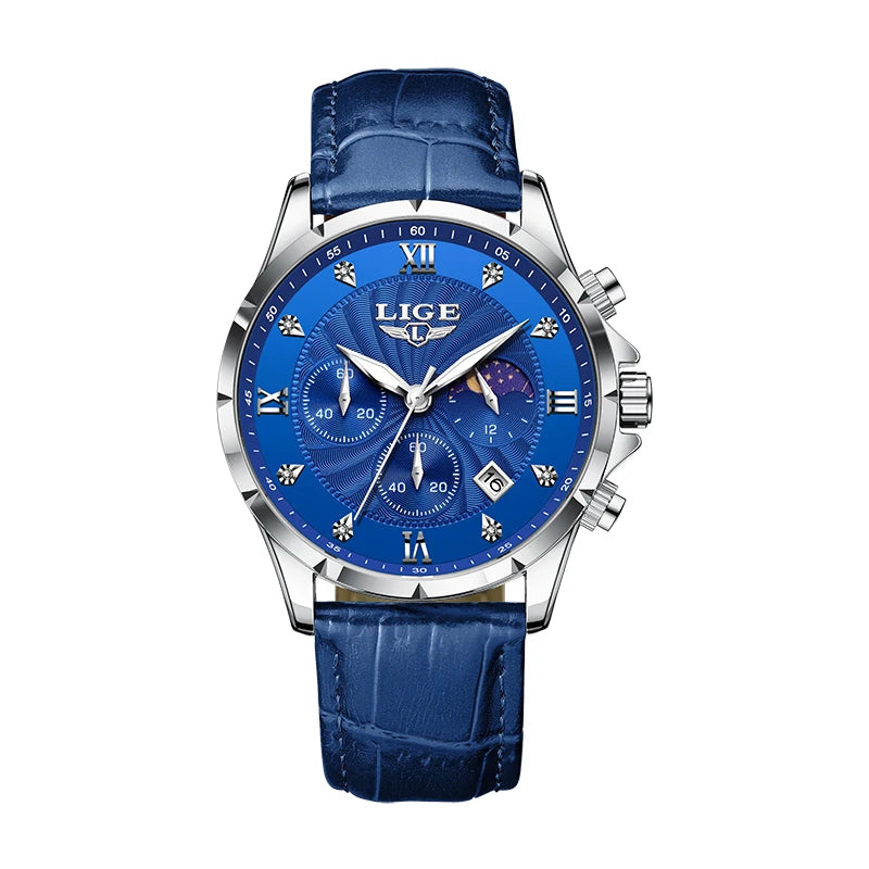 LIGE Men's Watch Luxury Business Luminous Waterproof Leather Watches Moon Phase Week Date Casual Quartz Watch Men Reloj hombre