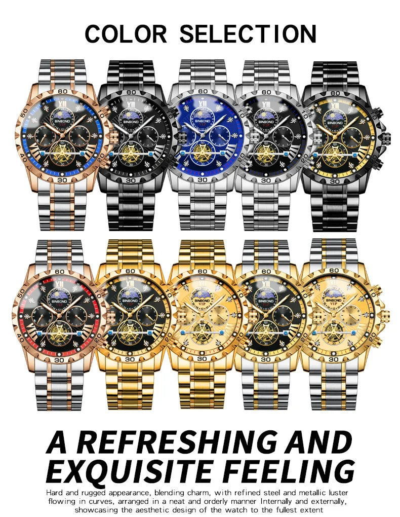 BINBOND Men's Watches Young Fashion Original Quartz Watch for Man Waterproof Luminous Flywheel Chronograph Moon Phase Casual