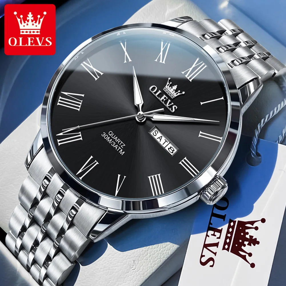OLEVS 3633 Men's Watch Business Simply Original Quartz Watch for Man Waterproof Luminous Stainless Steel Dual Calendar Display
