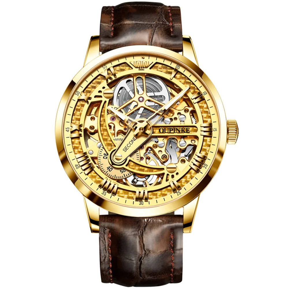 OUPINKE 3173 Luxury Gold Mechanical Watch For Men Hollow Top Brand Original Automatic Wristwatch 50M Waterproof Luminous Watches