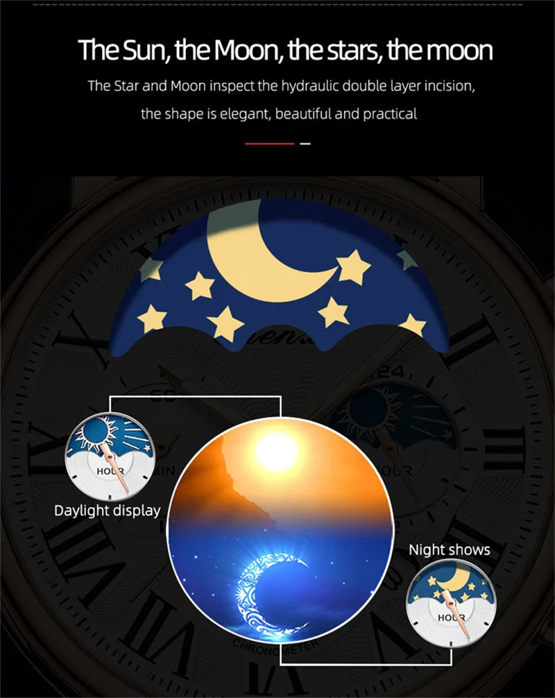 CHENXI 973 Men's Wristwatch Multi-functional Business Watch Moon Phase Date Waterproof Rome Dial Leather Quartz Watches for Man