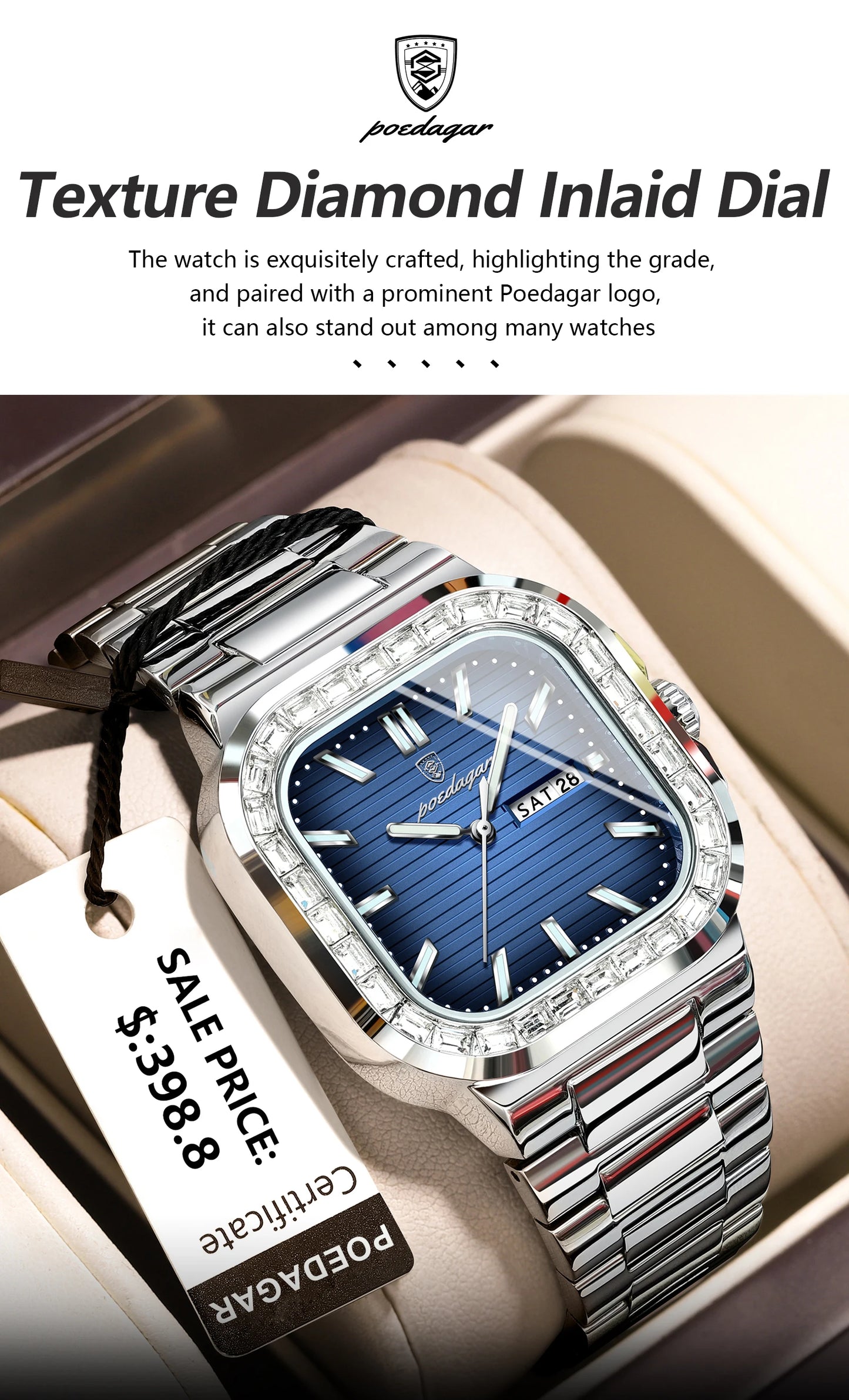 POEDAGAR Top Brand Luxury Watch for Men Waterproof Luminous Date Week Man Wristwatch Stainless Steel Square Quartz Men's Watches