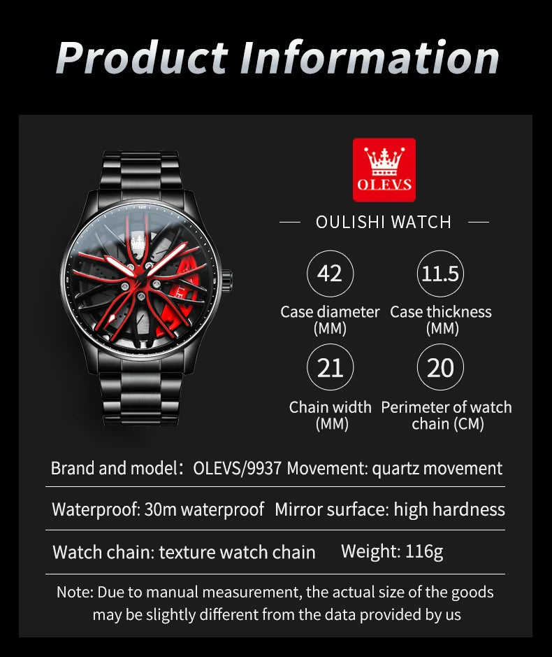 OLEVS Men Quartz Watch Car Wheel Rim Hub Dial Male Wristwatch Cool Man Black Red Waterproof Watches Full Steel Relogio Masculino