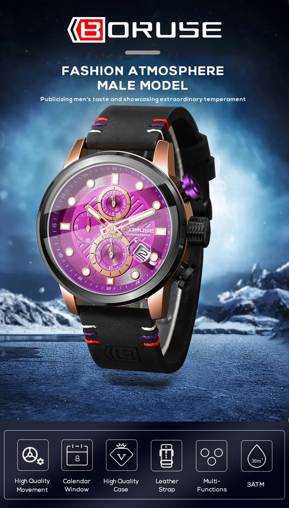 BORUSE New Fashion Mens Watches Top Brand Luxury Military Quartz Watch Man Premium Leather Waterproof Sport Chronograph Watch